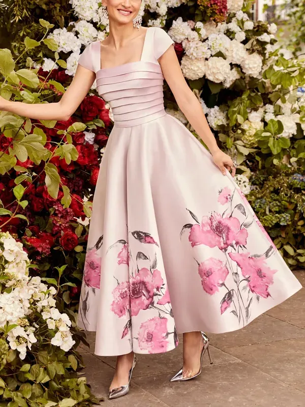 Square Neck Short Sleeve Printed Maxi Dress