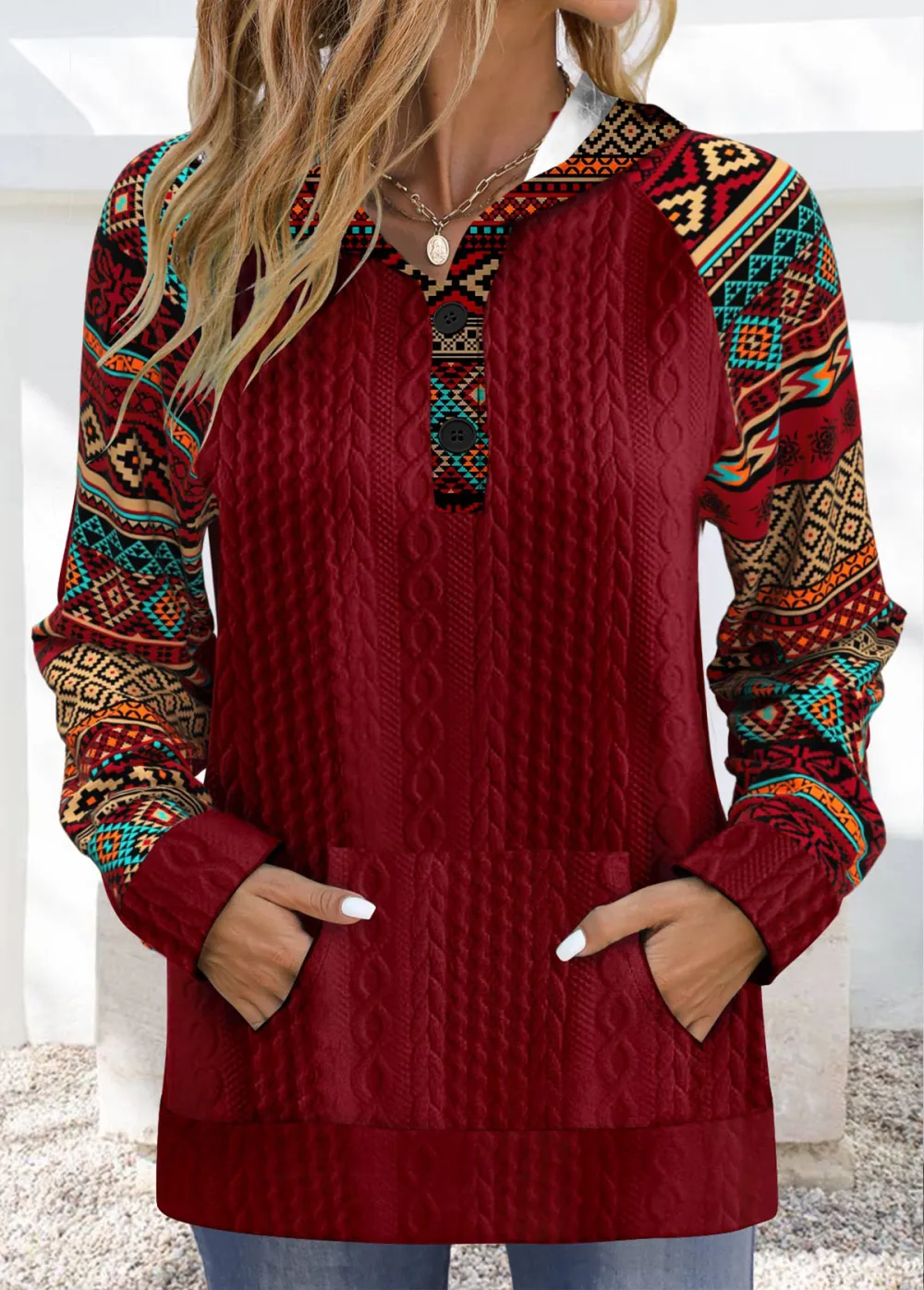 Wine Red Patchwork Tribal Print Long Sleeve Hoodie