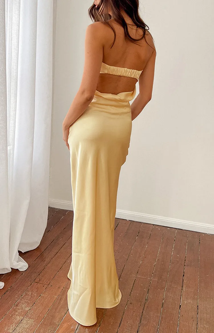 Strapless Yellow Satin Maxi Dress