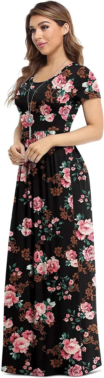 Women's Short Sleeve Loose Plain Maxi Dresses Casual Long Dresses with Pockets