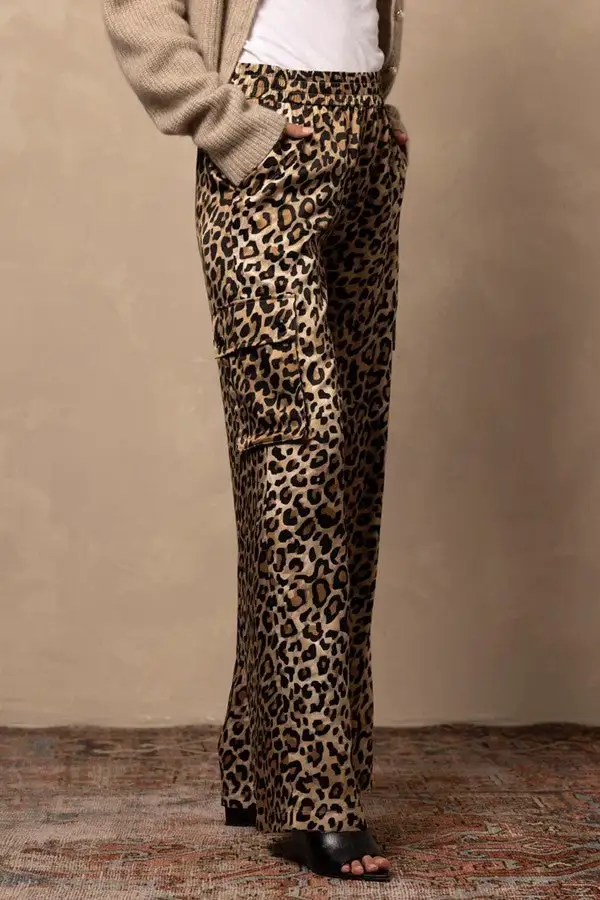 Leopard-Print Silk Cargo Wide-Leg Pants