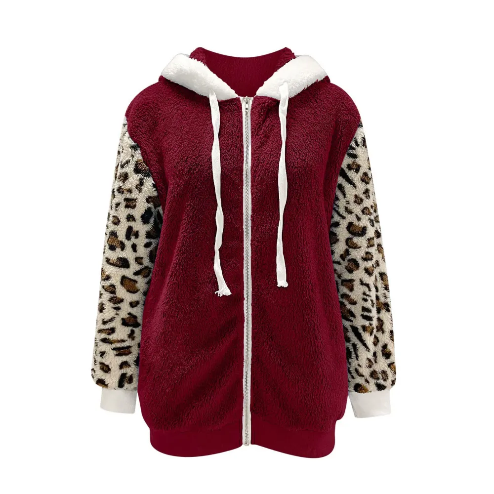 Casual Oversized Leopard-Painted Lambsool Hooded Coat
