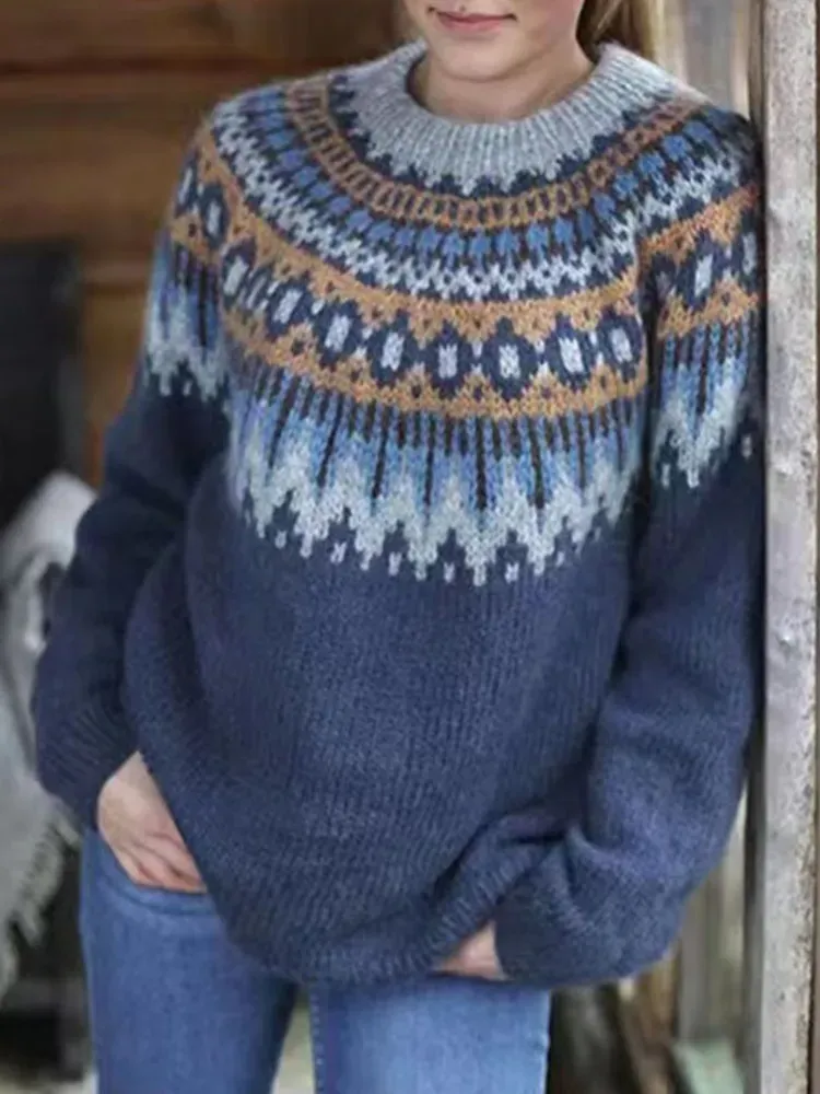 Retro Contrast Color Round Neck Long Sleeve Sweater