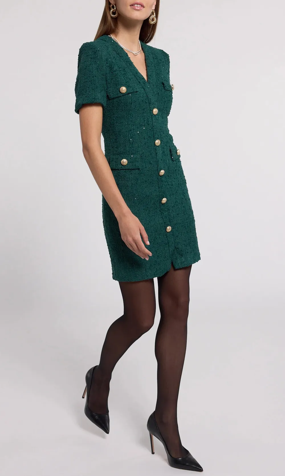 Tweed V-Neck Short Sleeve Dress