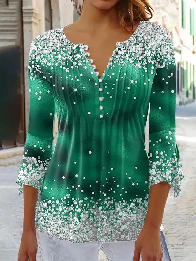 Women's Plus Size Shirt T shirt Tee Blouse Graphic Polka Dot Flower Denim Blue Grass Green Black Button Print Long Sleeve Casual Weekend Basic Round Neck Regular Fit Spring Fall