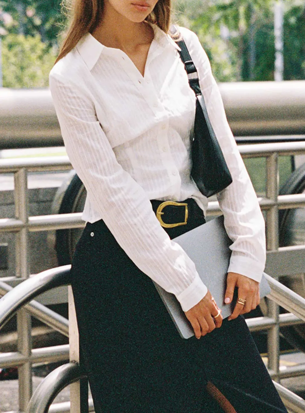 White Pleated Long Sleeve Shirt