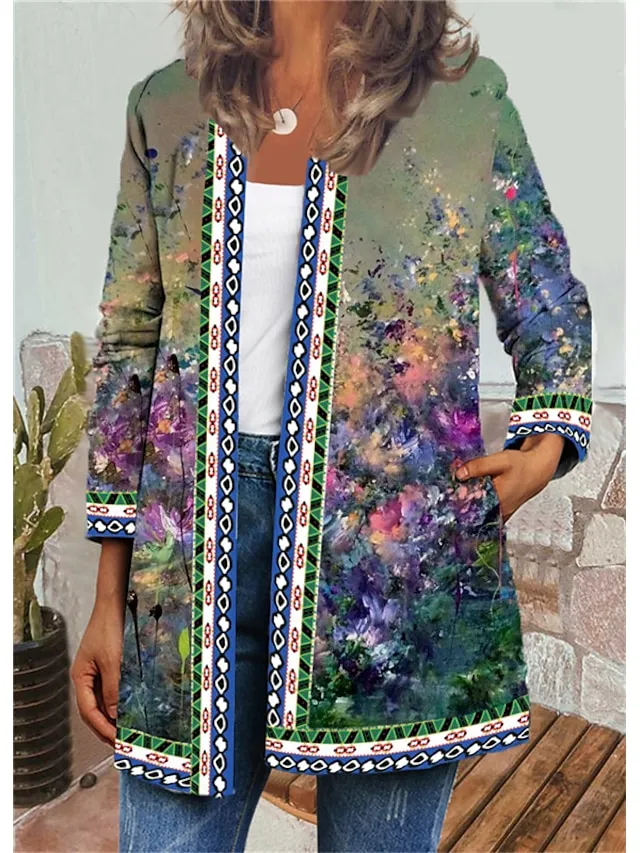 Women's Jacket Casual Jacket Floral Print Fall Regular Coat Round Neck Regular Fit Breathable Casual Jacket Long Sleeve Green Black Blue Daily Holiday