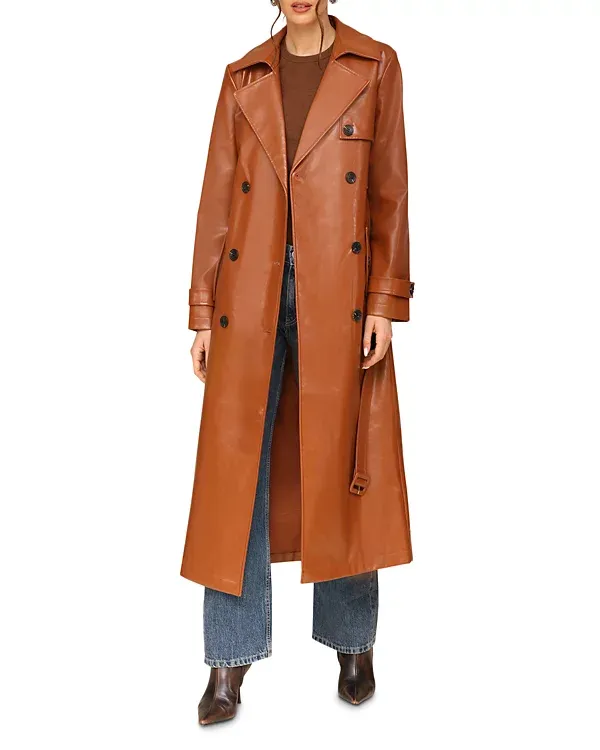 Caramel Color Faux Leather Trench Coat