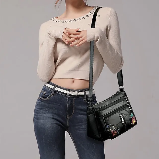Women's Crossbody Bag Shoulder Bag Hobo Bag PU Leather Outdoor Daily Holiday Embroidery Zipper Large Capacity Waterproof Lightweight Solid Color Flower Folk Black