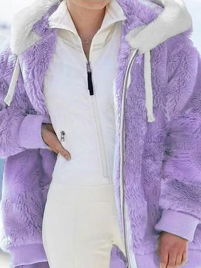 Women's Zip Hoodie Sweatshirt Fleece Jacket Pullover Sherpa Fleece Teddy Zipper Green Blue Purple Plain Round Neck Long Sleeve S M L XL 2XL 3XL / Winter / Fleece lined