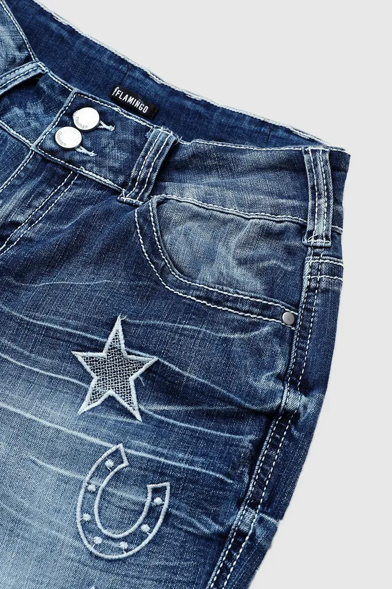 Star & Moon Pattern Button Front Mid Rise Bootcut Jeans