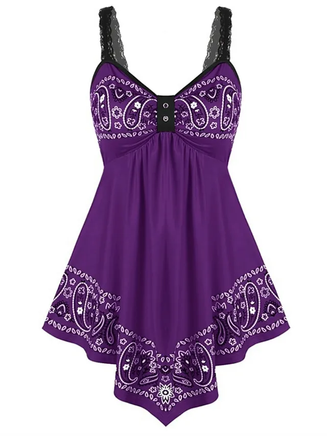 Women's Plus Size Camisole Summer Tops Cotton Floral Black White Red Lace Ruched Backless Sleeveless Daily Back to School Going out Streetwear V Neck Regular Fit Summer Spring