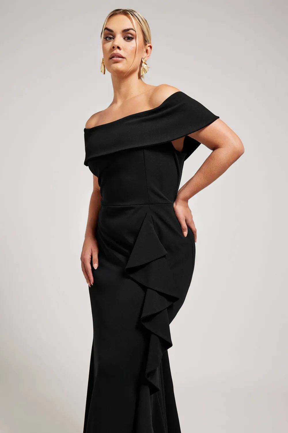 YOURS LONDON Curve Black Ruffle Bardot Maxi Dress