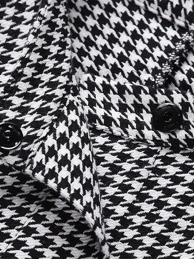 Women's Coat Cloak / Capes Winter Houndstooth Overcoat Fall Long Pea Coat with Belt Elegant Stand Collar Street Daily Wear Fashion Daily Casual Outerwear Long Sleeve Black