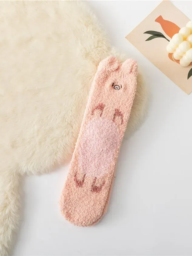 Cat Dog Pika Pet Cute Shape Thickened Warm Coral Fleece Floor Socks