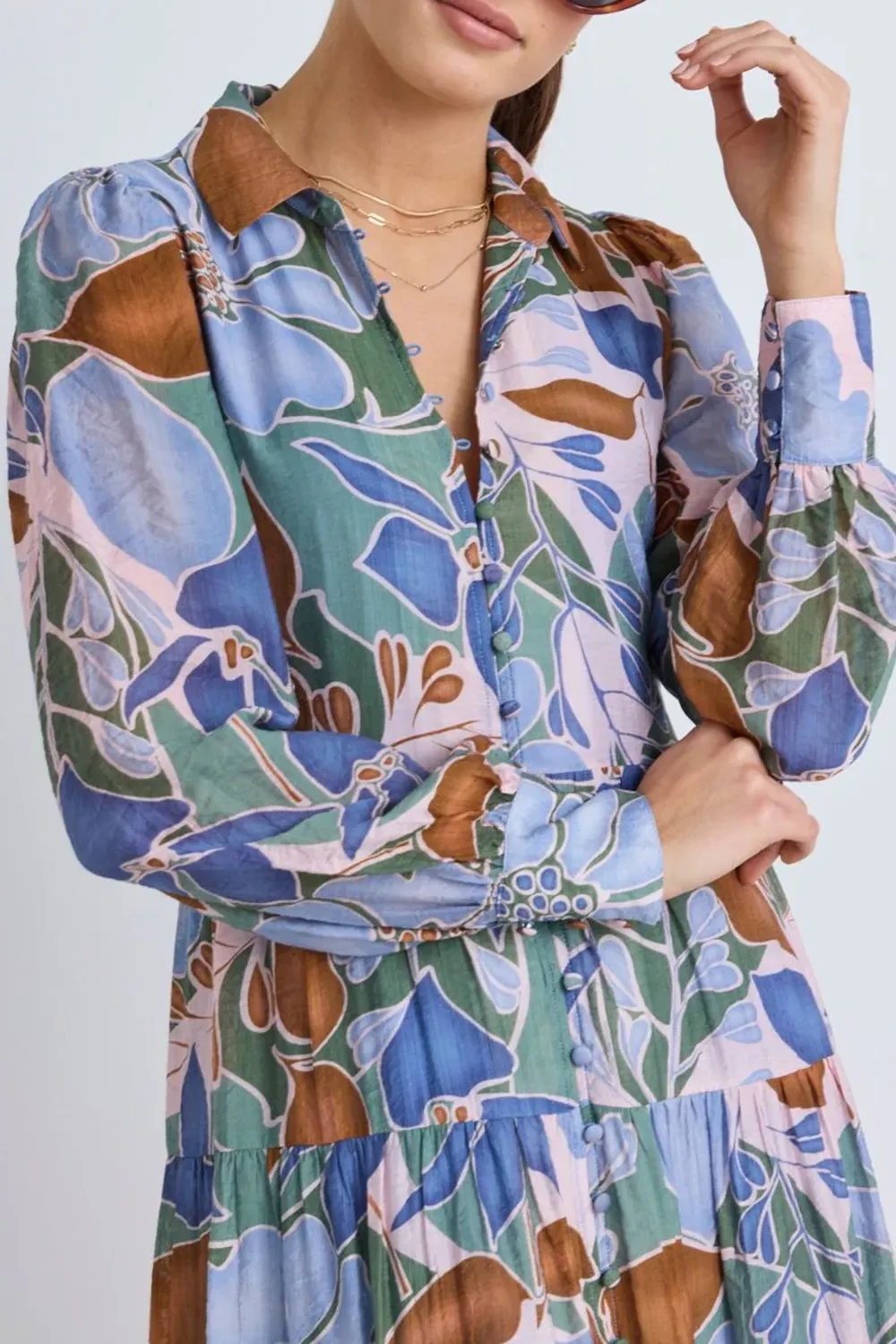 Khaki Floral Long - Sleeve Tiered Dress