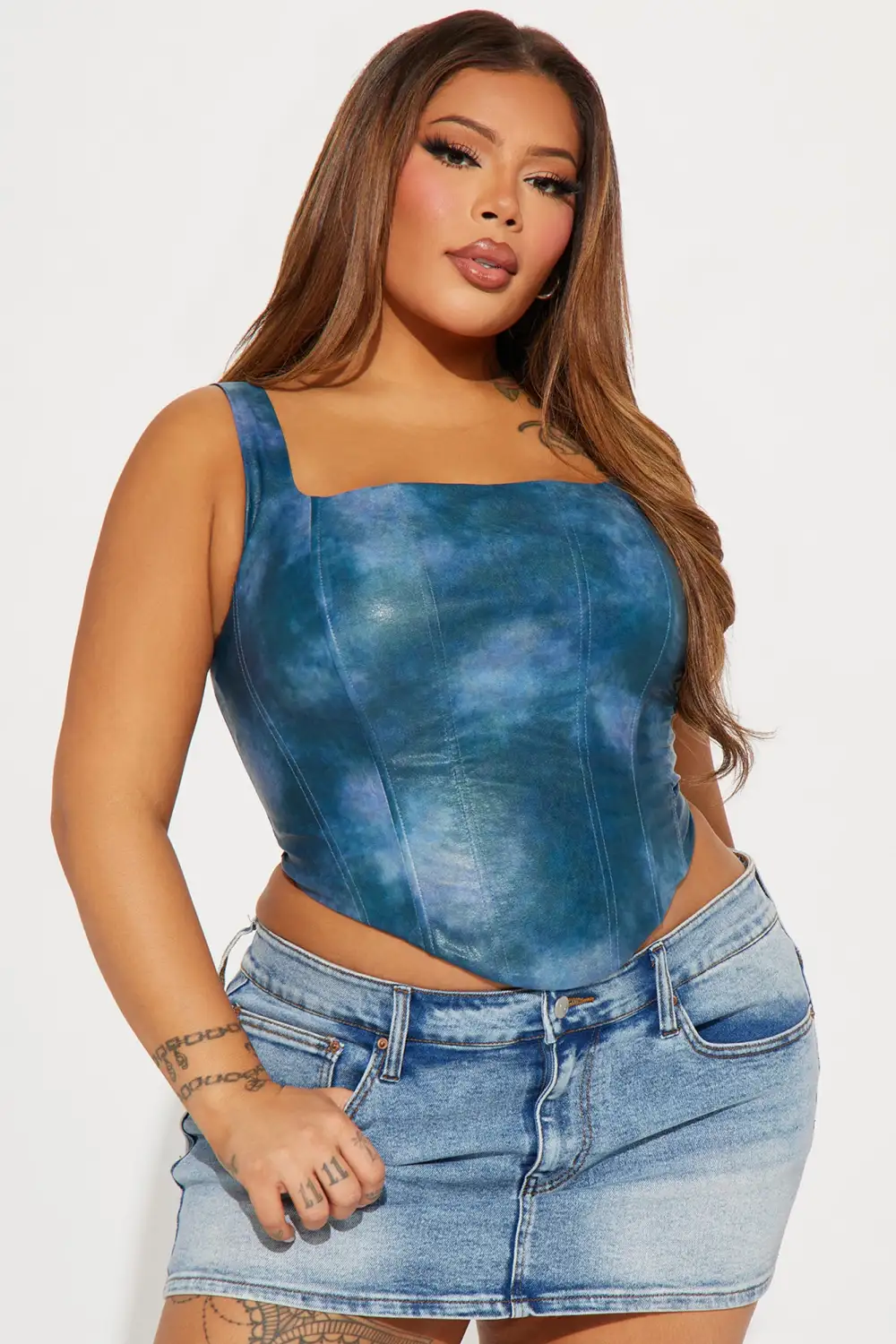 Kenni Washed Faux Leather Corset Top - Blue Wash