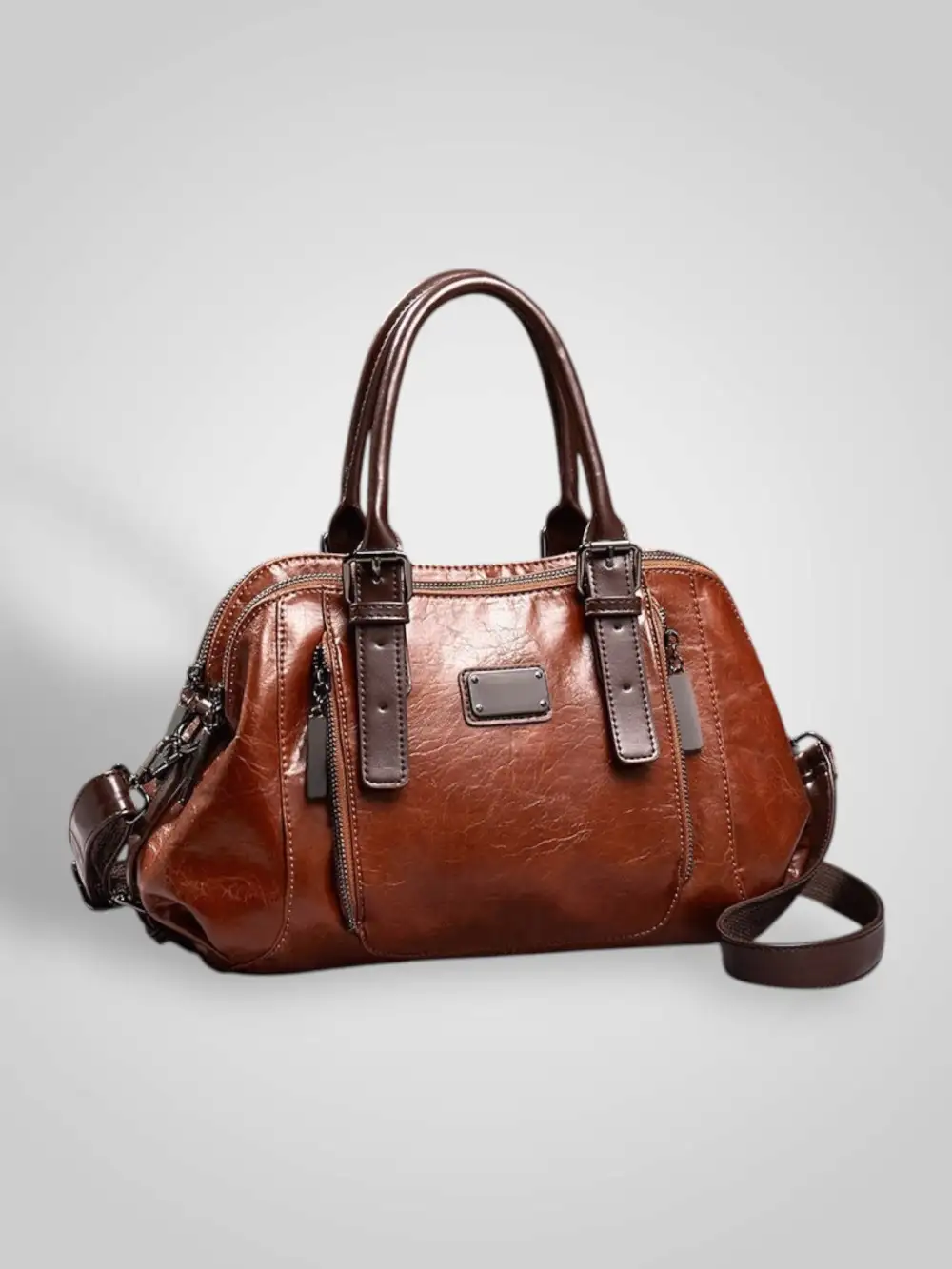 Structured Buckle Leather Handbag