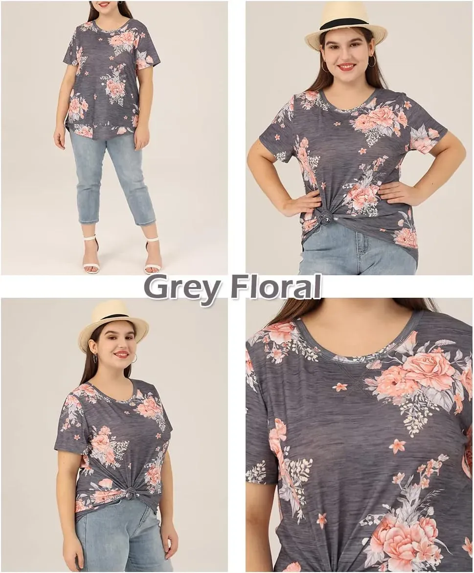 TIYOMI Plus Size T Shirt for Women Short Sleeve Tunic Cross Line Shirts Round Neck Tops Summer Blouse XL-5XL 14-28