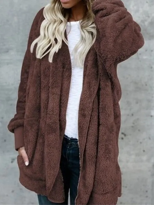 Women's Fleece Sherpa Jacket Teddy Bear Coat with Hood Open Front Winter Coat Fall Windproof Warm Comtemporary Stylish Plush Jacket Long Sleeve Plain with Pockets Oversize Lotus Black