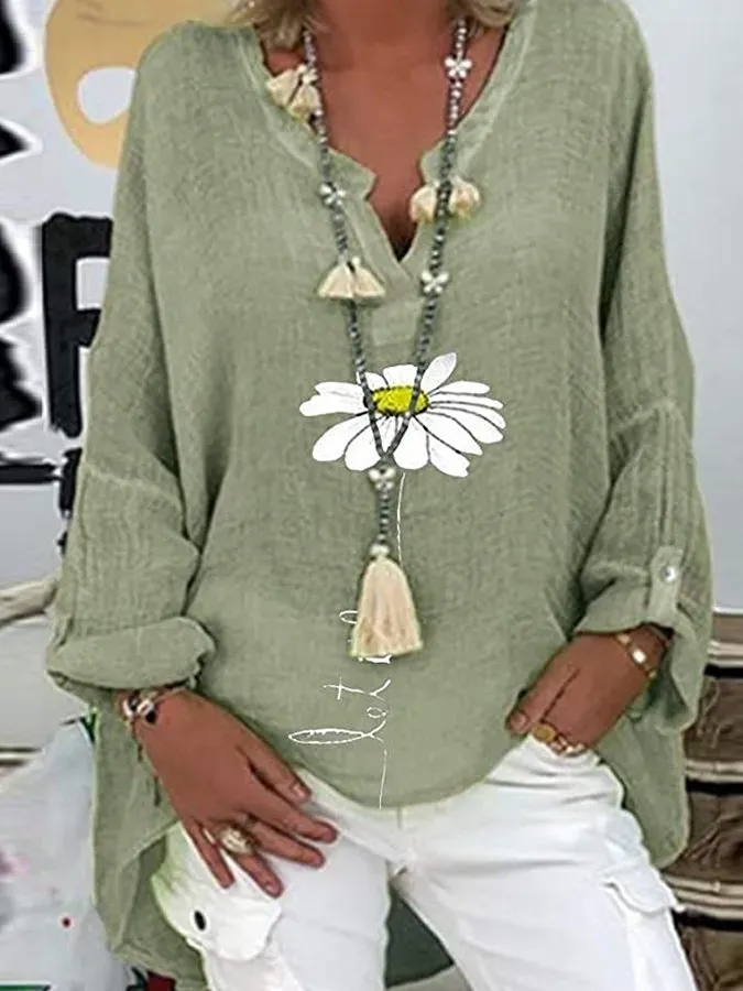 Ladies Cotton Linen V-Neck Plus Size Printed Shirt