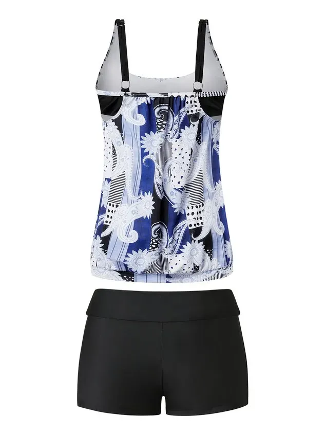 Vacation Ethnic Printing Scoop Neck Tankinis Two-Piece Set