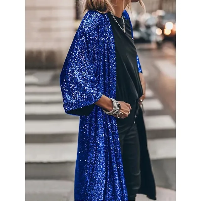 Women's Casual Jacket Sparkly Sequins Fall Spring Regular Coat Regular Fit Windproof Breathable Stylish Colorful Jacket 3/4 Length Sleeve Pure Color Silver Lotus Wine Party Street Vacation