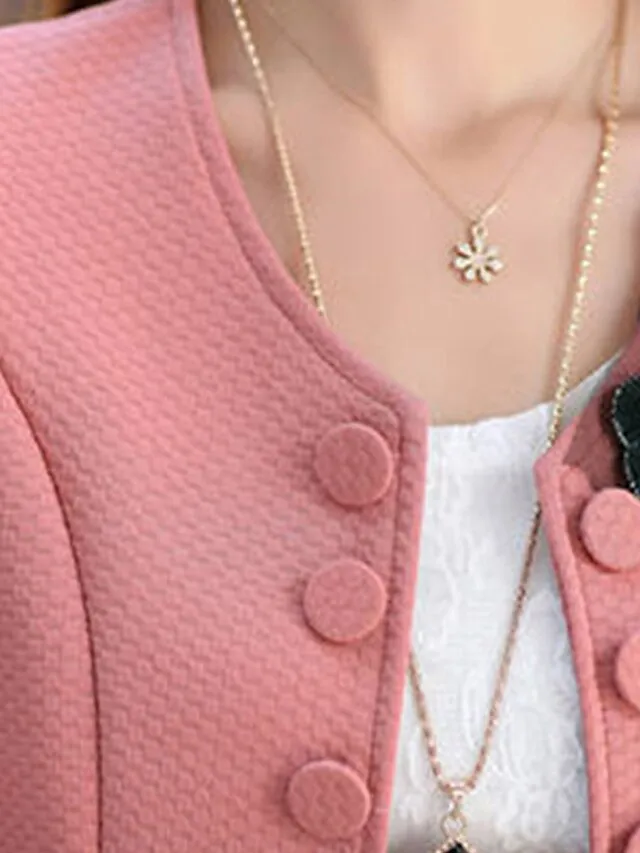 Women's Blazer Fall Short Bow Coat White Black Pink Fuchsia Elegant Street Spring Open Front Round Neck Regular Fit S M L XL XXL 3XL