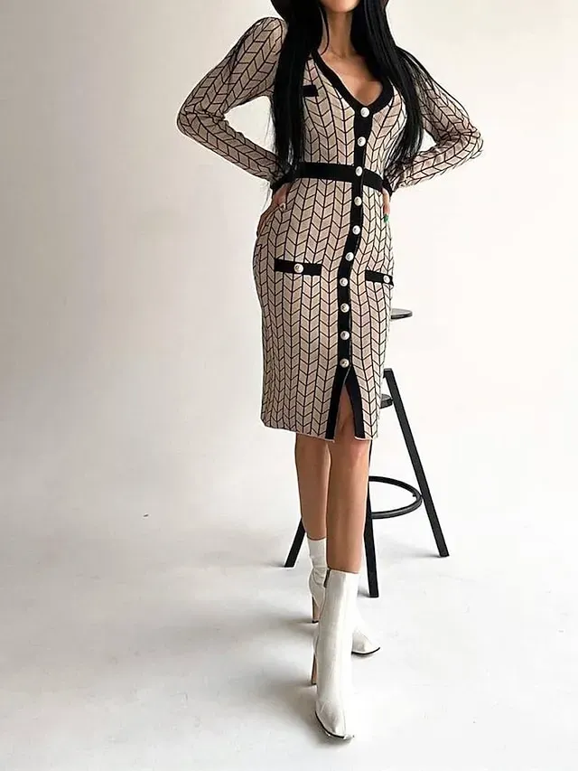 Women's Sweater Dress Jumper Dress Winter Dress Midi Dress Daily Casual Plaid Outdoor Home Casual Daily V Neck Long Sleeve Button 2023 Regular Fit Black khaki One Size