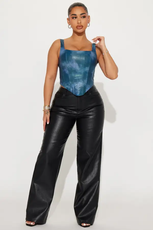 Kenni Washed Faux Leather Corset Top - Blue Wash