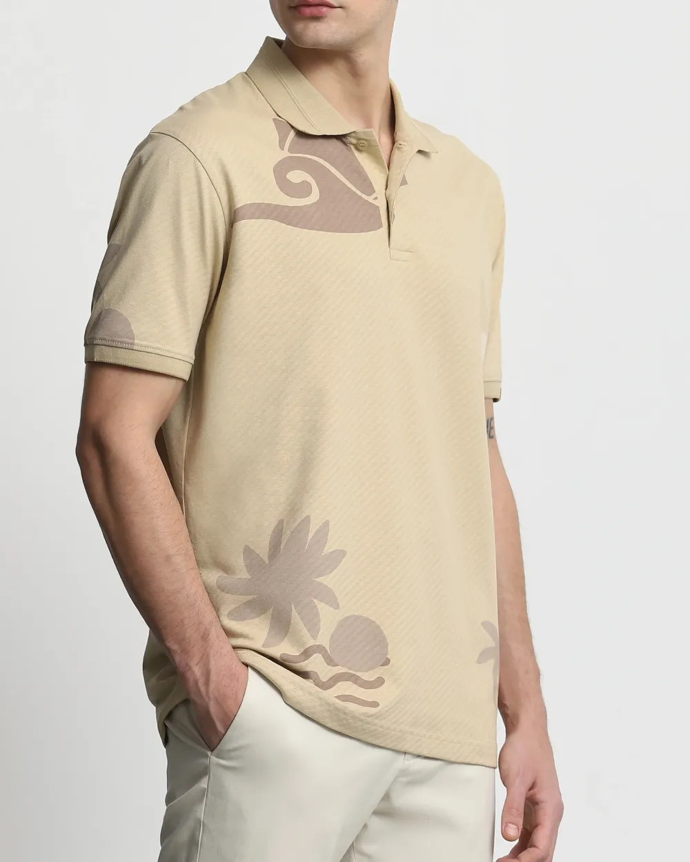 Daily Simple Soft  Beige Brocade Texture Polo Shirt