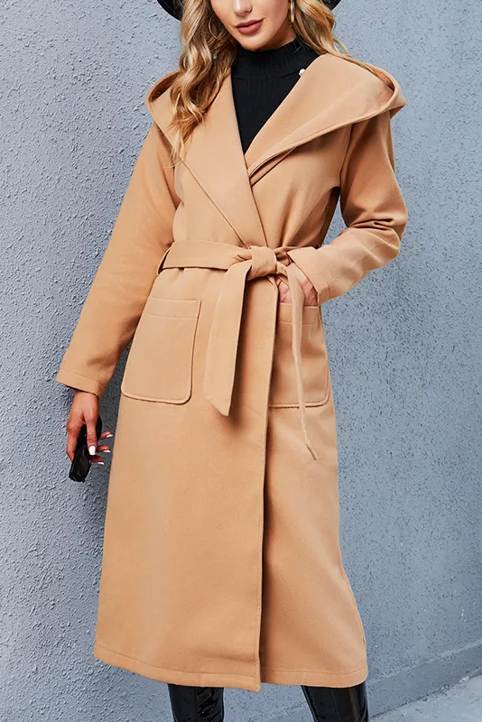 Khaki Front Tie hooded coat