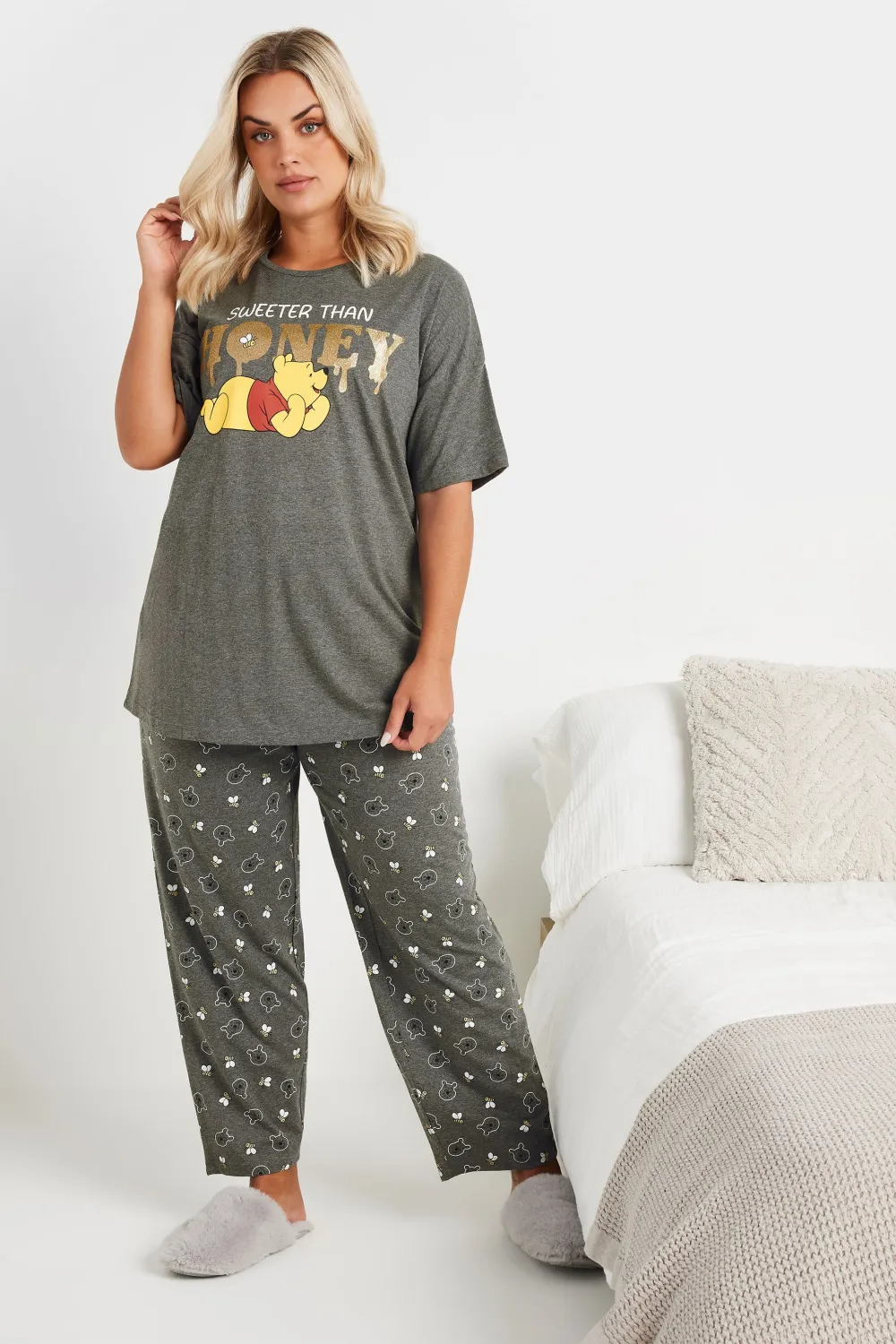 DISNEY Curve Grey Winnie The Pooh Wide Leg Pyjama Set