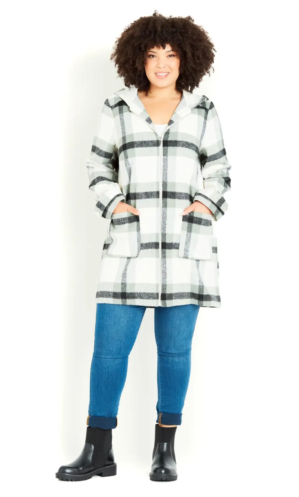 Evans Green Hooded Check Coat