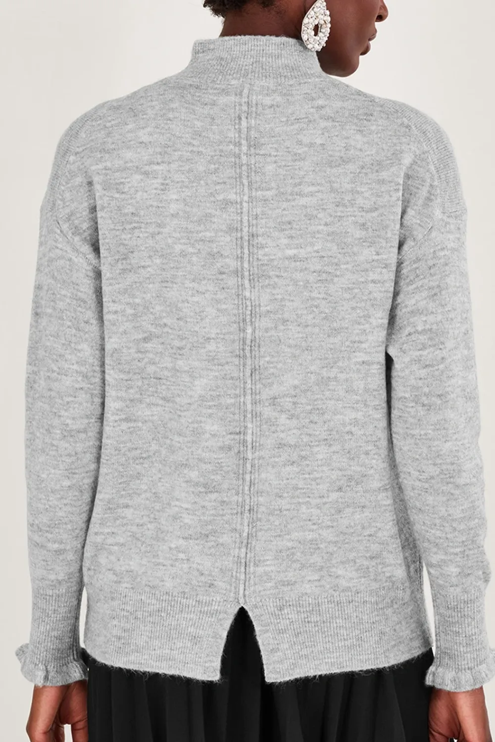 Grey Turtleneck Flower Embroidery Knit Top