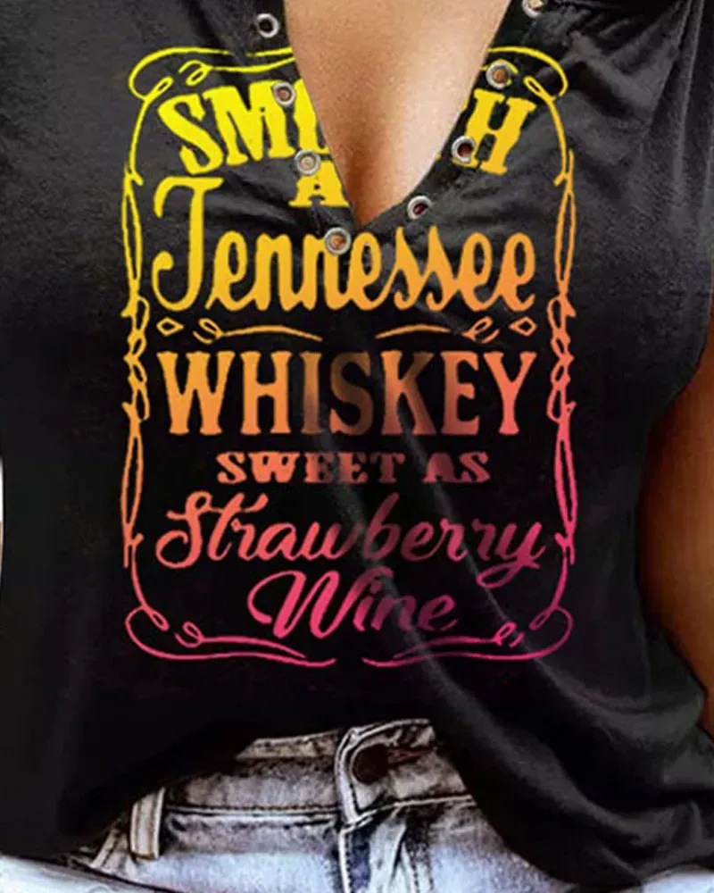 Smooth As Tennessee Whiskey Sweet As Strawberry Wine Print Eyelet Decor Casual Tank Top