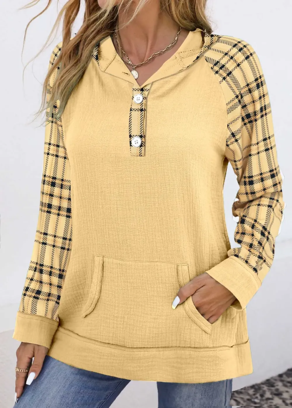 Light Yellow Patchwork Plaid Long Sleeve Hoodie
