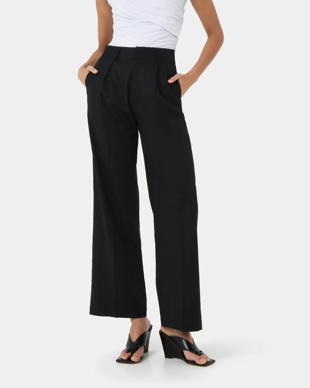 High Waisted Design Linen Tailored Pants -Black