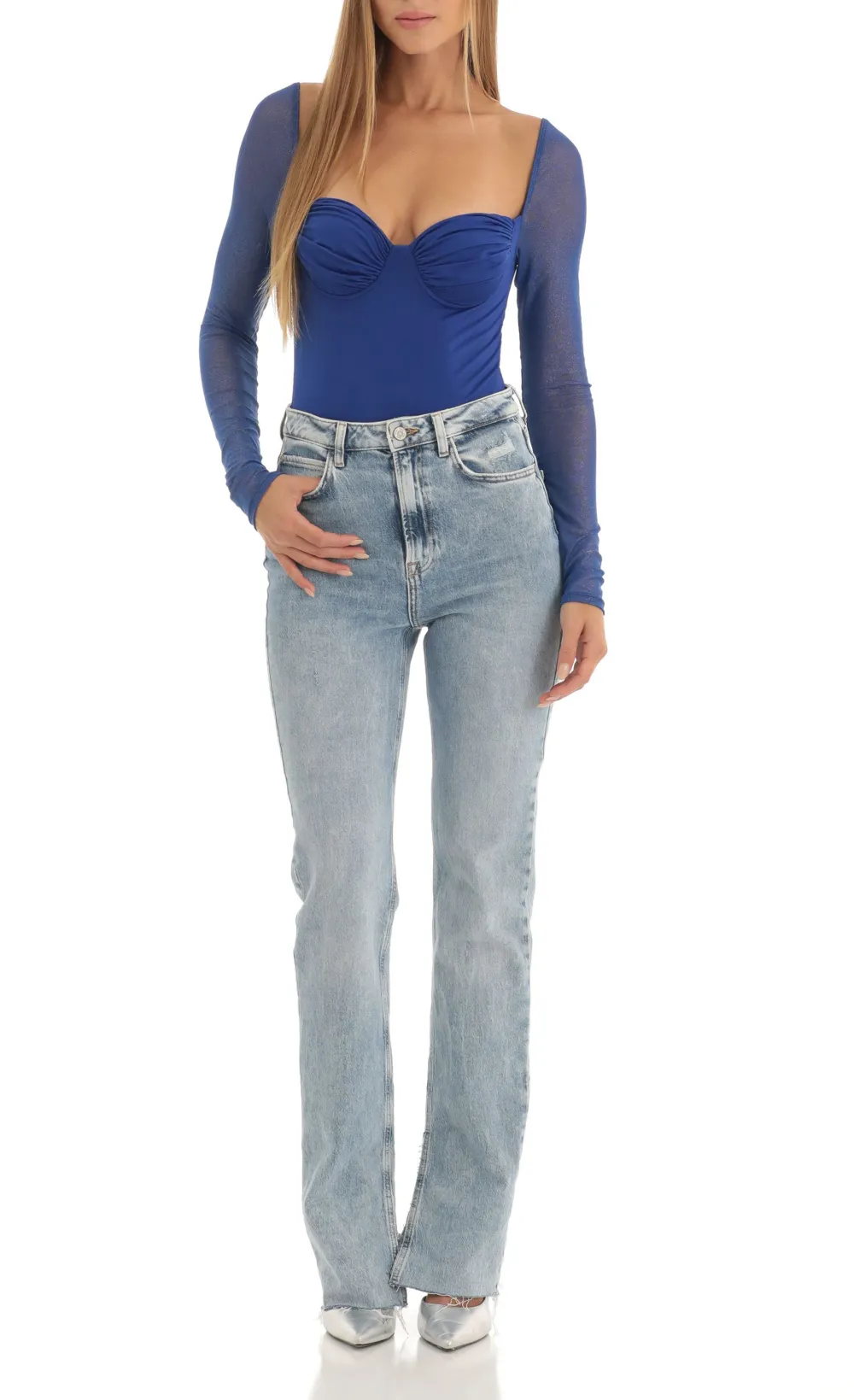 Glitter Mesh Long Sleeve Bodysuit in Blue