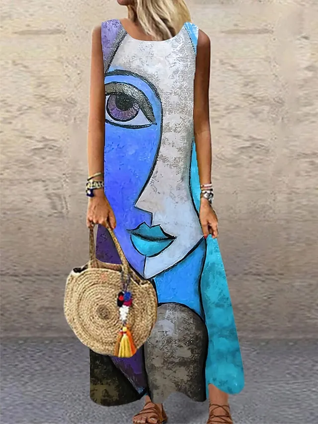 Women's Casual Dress Shift Dress Long Dress Maxi Dress Blue Purple Yellow Sleeveless Color Block Print Spring Summer Crew Neck Modern Daily Vacation Summer Dress Regular Fit 2023 S M L XL XXL 3XL