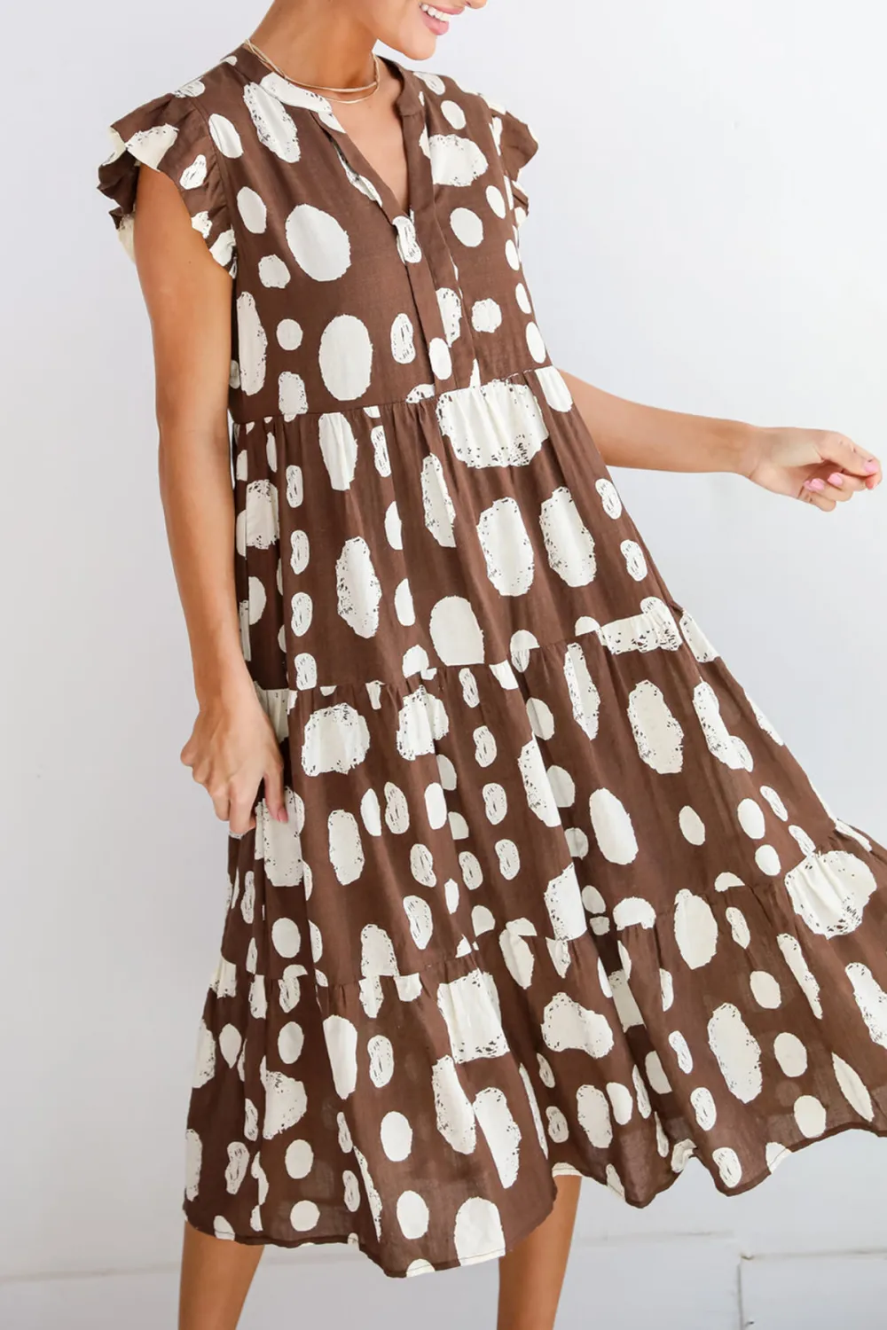 Simply Desirable Brown Dotted Tiered Midi Dress