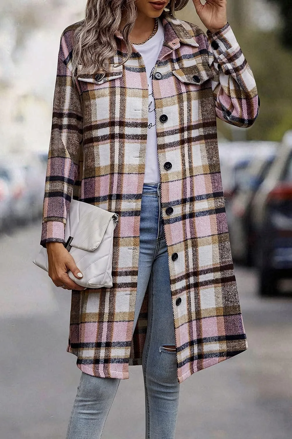 Women's Plaid Shacket 2023 Long Sleeve Button Up Flannel Shirt Winter Tartan Jacket Woolen Coats