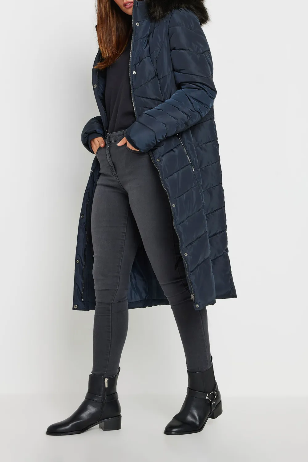 Navy Blue Faux Fur Trim Padded Longline Hooded Coat