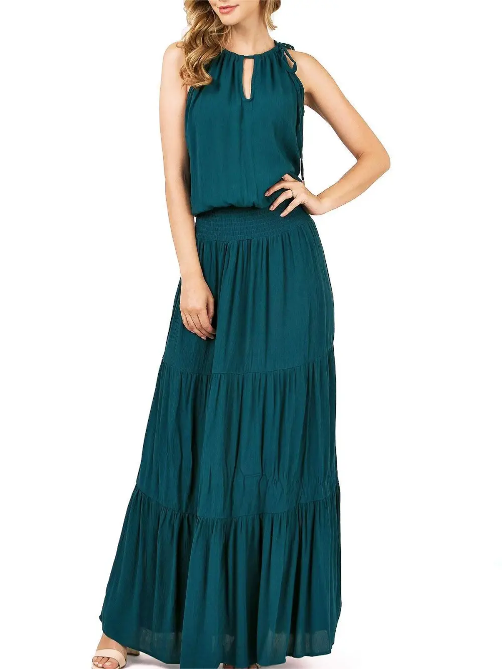 Teal Halter - Neck Tiered Maxi Dress