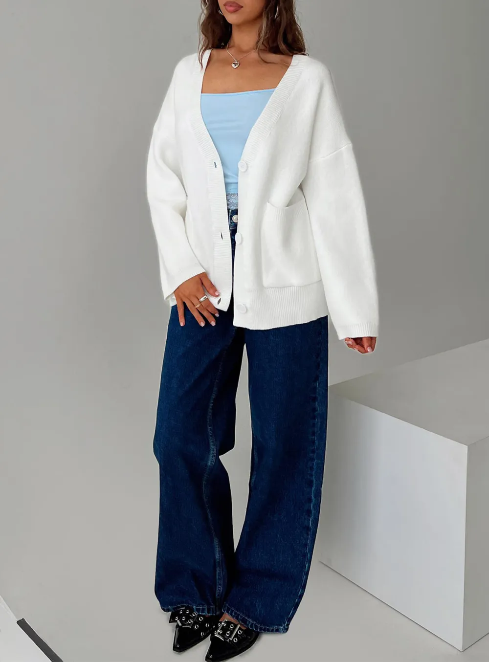 Deep Neck Cardigan White