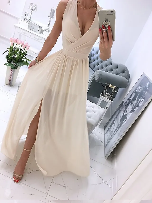 Women's Party Dress Holiday Dress Swing Dress Long Dress Maxi Dress Leather Pink White Light Green Sleeveless Pure Color Split Spring Summer V Neck Vacation Party Wedding Guest Date 2023 S M L XL 2XL
