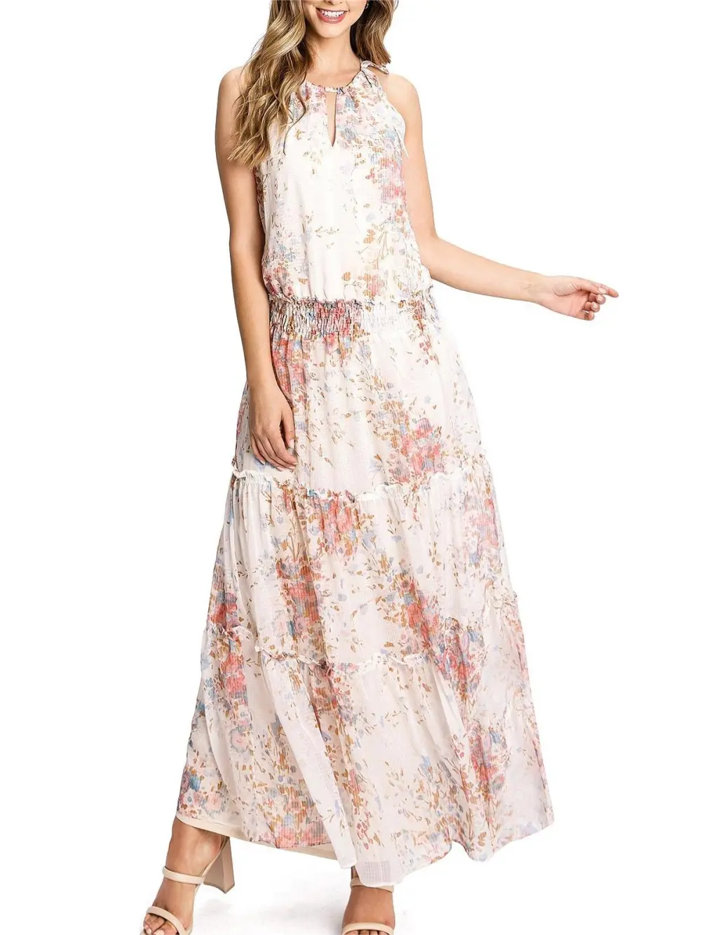 White Floral Print Halter Maxi Dress