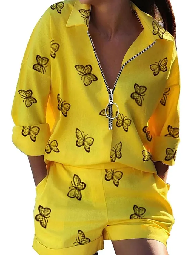 Women's Loungewear Sets Butterfly Letter Fashion Casual Street Date Airport Polyester Breathable Lapel Short Sleeve Shorts Summer Spring Black White