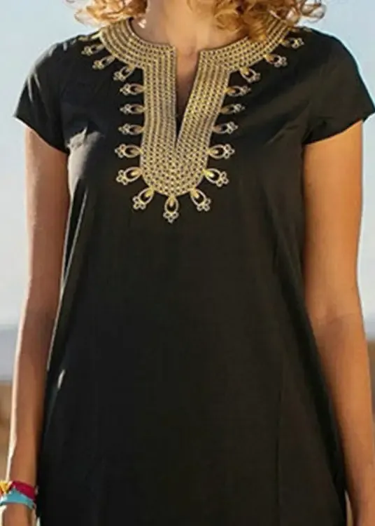 Loose Black Embroideried Side Open Vacation Long Dresses Short Sleeve