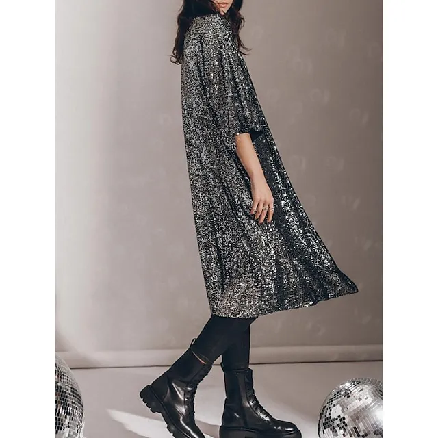 Women's Casual Jacket Sparkly Sequins Fall Spring Regular Coat Regular Fit Windproof Breathable Stylish Colorful Jacket 3/4 Length Sleeve Pure Color Silver Lotus Wine Party Street Vacation